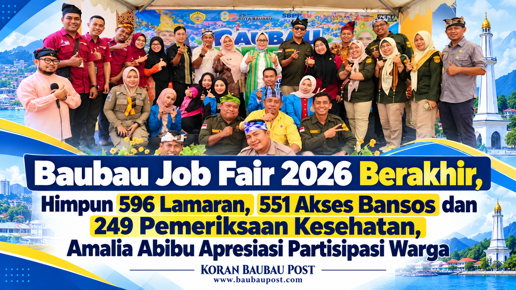 BAUBAU, BAUBAUPOST.COM– Baubau Job Fair 2026 menghimpun 596 berkas lamaran dari 528 pencari kerja yang melakukan registrasi selama empat hari pelaksanaan, 12–15 Oktober 2026. Kegiatan yang digelar di Gedung Pusat Layanan Usaha Terpadu (PLUT) Kota Baubau itu tidak hanya mempertemukan pencari kerja dengan perusahaan, tetapi juga mengintegrasikan layanan bantuan sosial, kesehatan, dan administrasi publik. "Baubau Job Fair 2026 Berakhir, Himpun 596 Lamaran, 551 Akses Bansos dan 249 Pemeriksaan Kesehatan,Amalia Abibu Apresiasi Partisipasi Warga,"