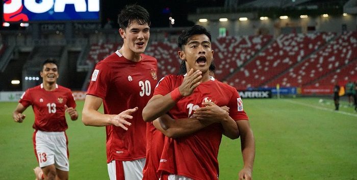 Para pemain Timnas Indonesia melakukan selebrasi seusai mencetak gol ke gawang Malaysia di Stadion Nasional Singapura Minggu 19 Desember 2021 malam