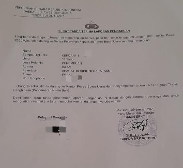 Pemilik Akun Facebook Marlinda Angelia Zuhri Dipolisikan, Karena Diduga Cemarkan Nama Baik ASN Butur 2 F01.4 Surat Tanda Terima Laporan Pengaduan