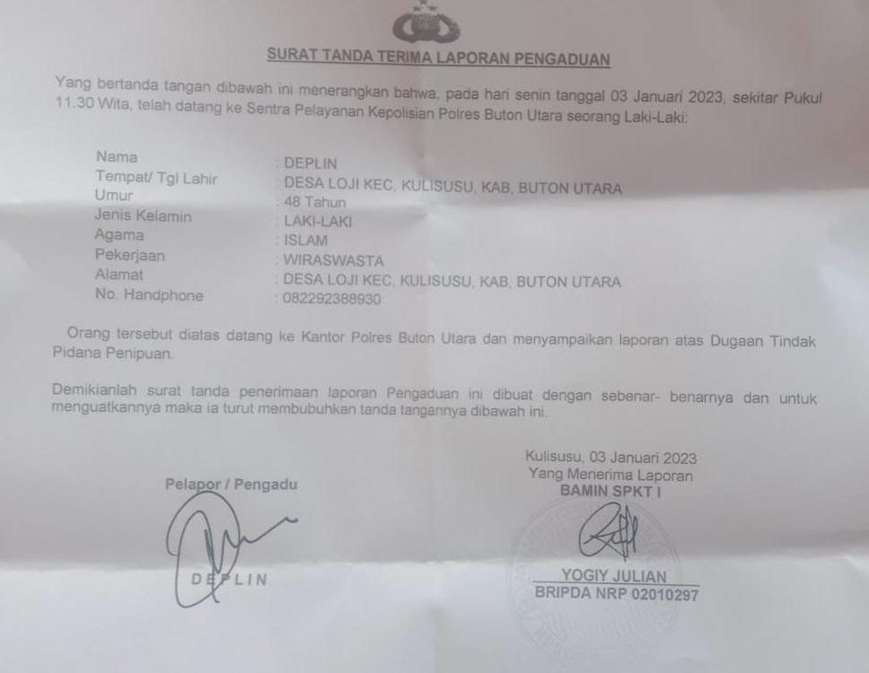 Lagi, Legislator Sekaligus Ketua DPC Partai Demokrat Butur Nasri Dilapor Polisi Atas Kasus Dugaan Penipuan Pekerjaan Proyek 3 F01.7 C berlas Laporan dugaan penipuan yang dituduhkan kepada legislator Butur asal Partai Demokrat Nasri rotated