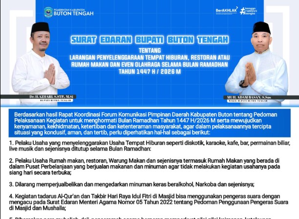 Bupati Buton Tengah Azhari Terbitkan Edaran Pembatasan Aktivitas di Bulan Ramadhan 1447 H