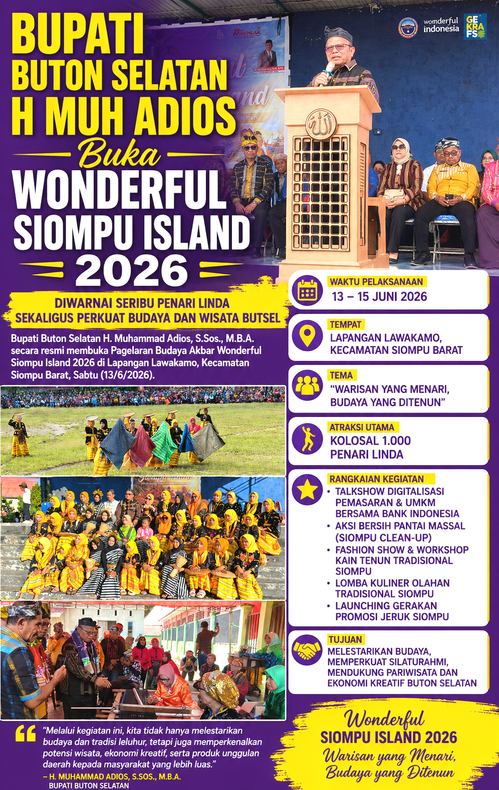 Bupati Buton Selatan H Muh Adios Buka Wonderful Siompu Island 2026, Diwarnai Seribu Penari Linda Sekaligus Perkuat Budaya dan Wisata Butsel